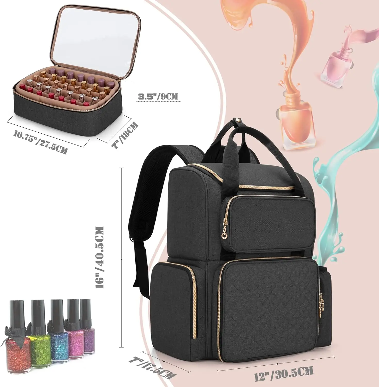 2023 New Arrival Travel Nail Polish Bag with 2 Removable Cases and Tools Storage Pockets Nail Polish Organizer (Backpack Version
