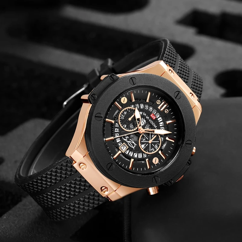 VAVA VOOM Mens Watches Luxury Rose Gold Business Quartz Wristwatch Silicone Strap Calendar relogio masculino Dropshipping 2019