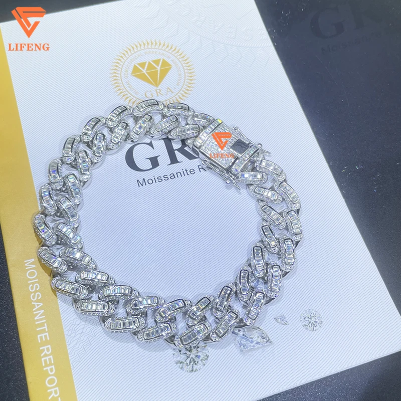 Lifeng Jewelry 14mm VVS Moissanite Baguette Cuban Link bracelet Ice out Hiphop S925 Sterling Diamond Bracelet