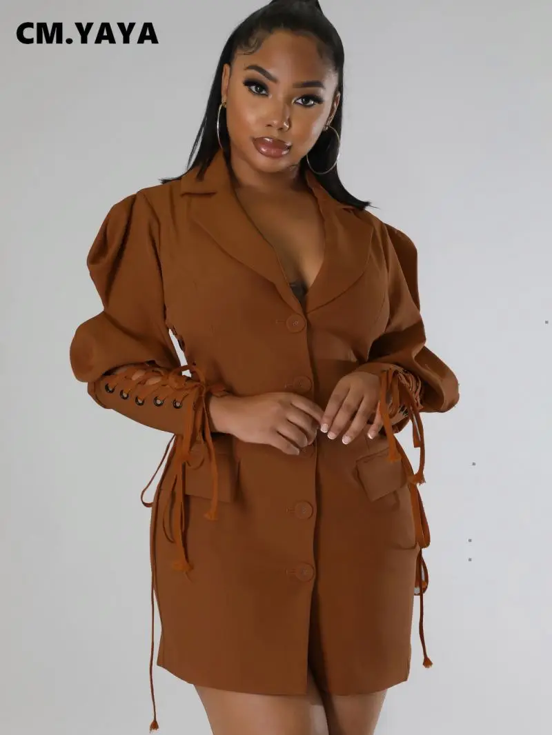 CM.YAYA Women Eyelet Lace Up Lantern Long Sleeve Single Breasted Lapel Neck Blazer Style Midi Dress for Winter Autumn Ins Tops