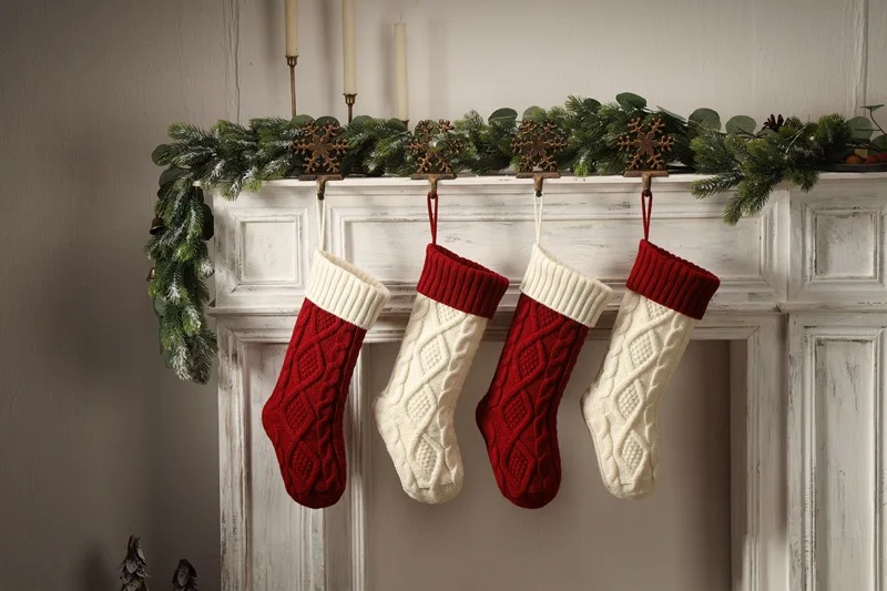 Knitted Wool Hanging Bag Upgraded Double-Sided Diamond Colour-Blocked Chunky Knit Christmas Stockings