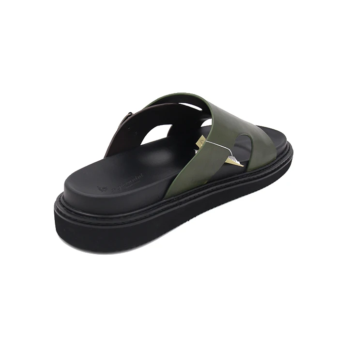 Custom italian handmade Summer Slipper with dark green calf Leather up and soft PU Insole Leather Beach for Outdoor Use