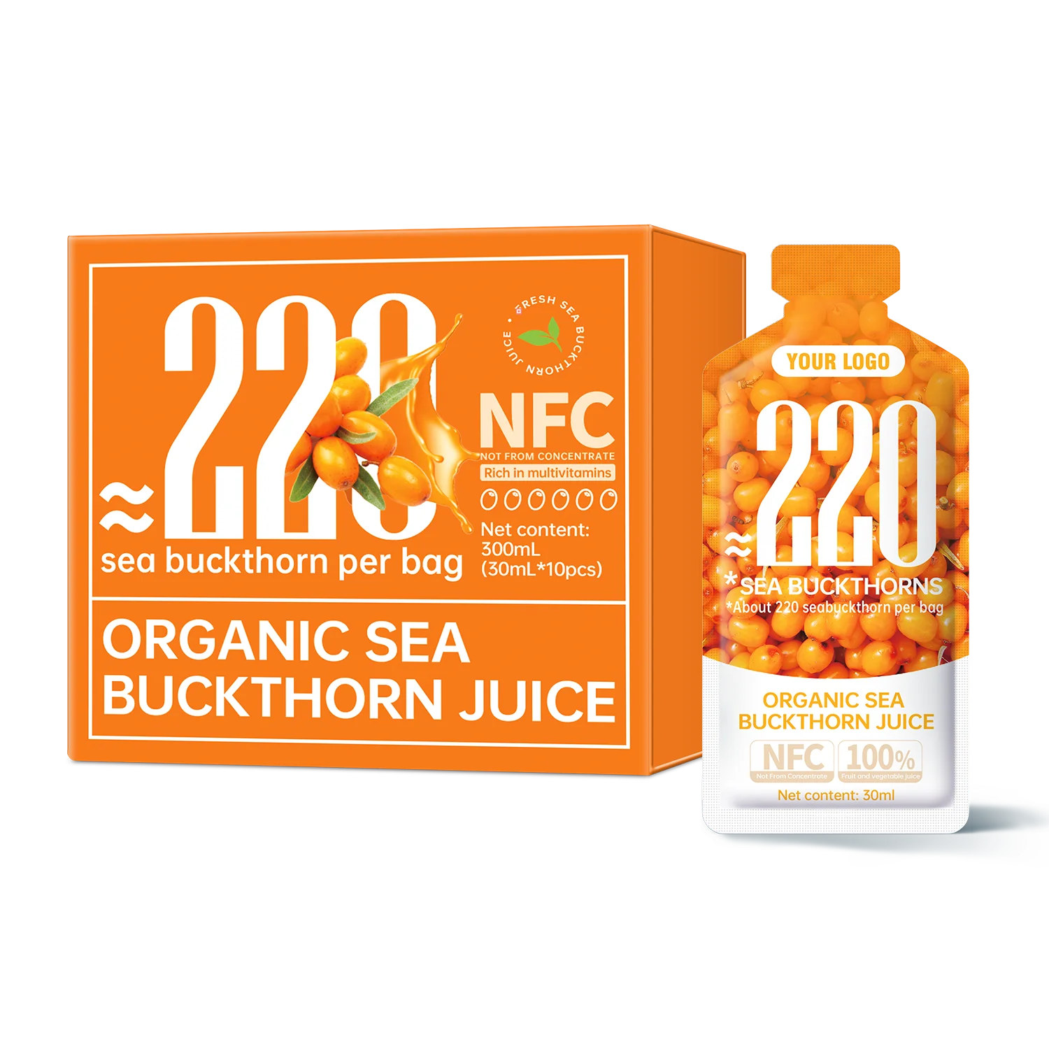 OEM Natural Sugar Free 0 Fat Factory Seabuckthorn Berry Juice Liquid Beverage Drink (50ml*30 sachets)