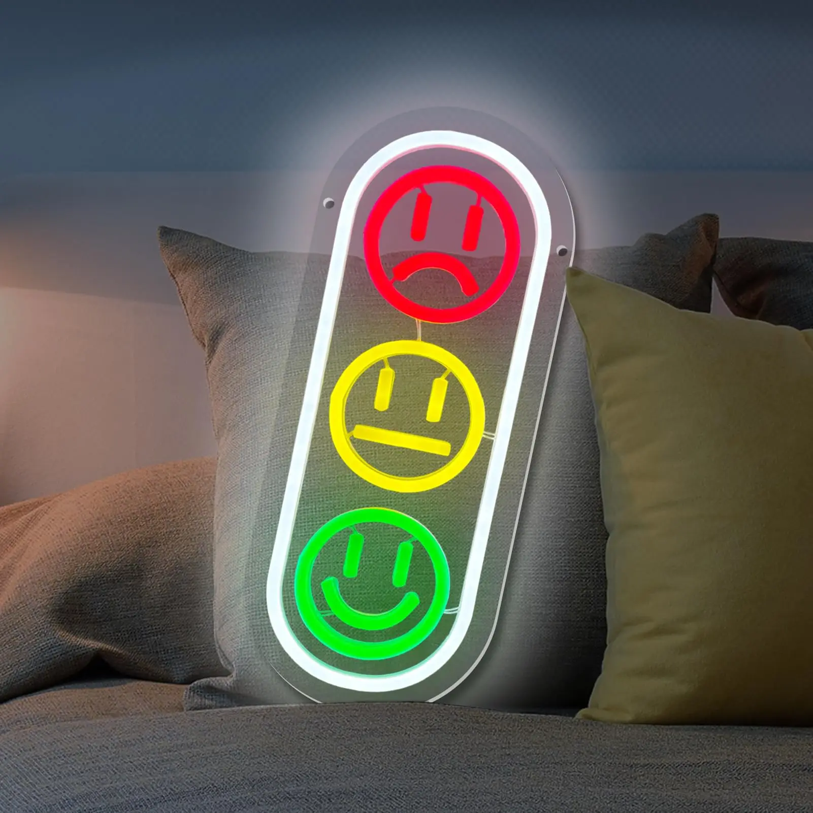 Smiley Face Neon Sign Traffic Light Led Sign Dimmable Smile Neon Lights Signs for Kids Room Bedroom for Neon Wall Art