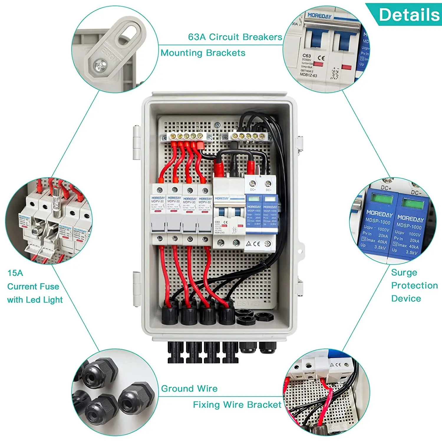 moreday  Ip65 4 In 2 Out 4 Strings 25a 1000v Dc Solar Pv Array Plastic Combiner Box junction box
