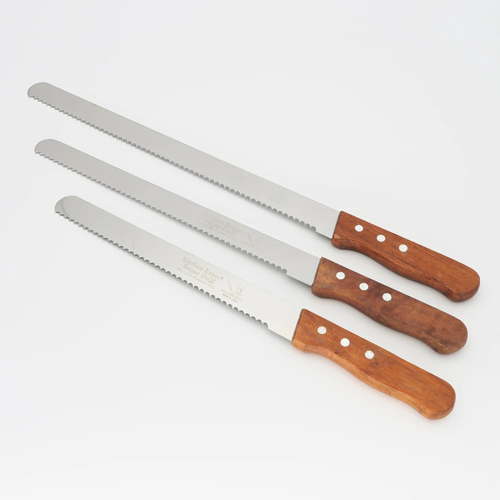 Amazon Hot Sale 10/ 12/ 14 inch With Wooden Handle Serrated Bread Knife Wedding Cake Slicer Knife For Slicing Breads Cakes