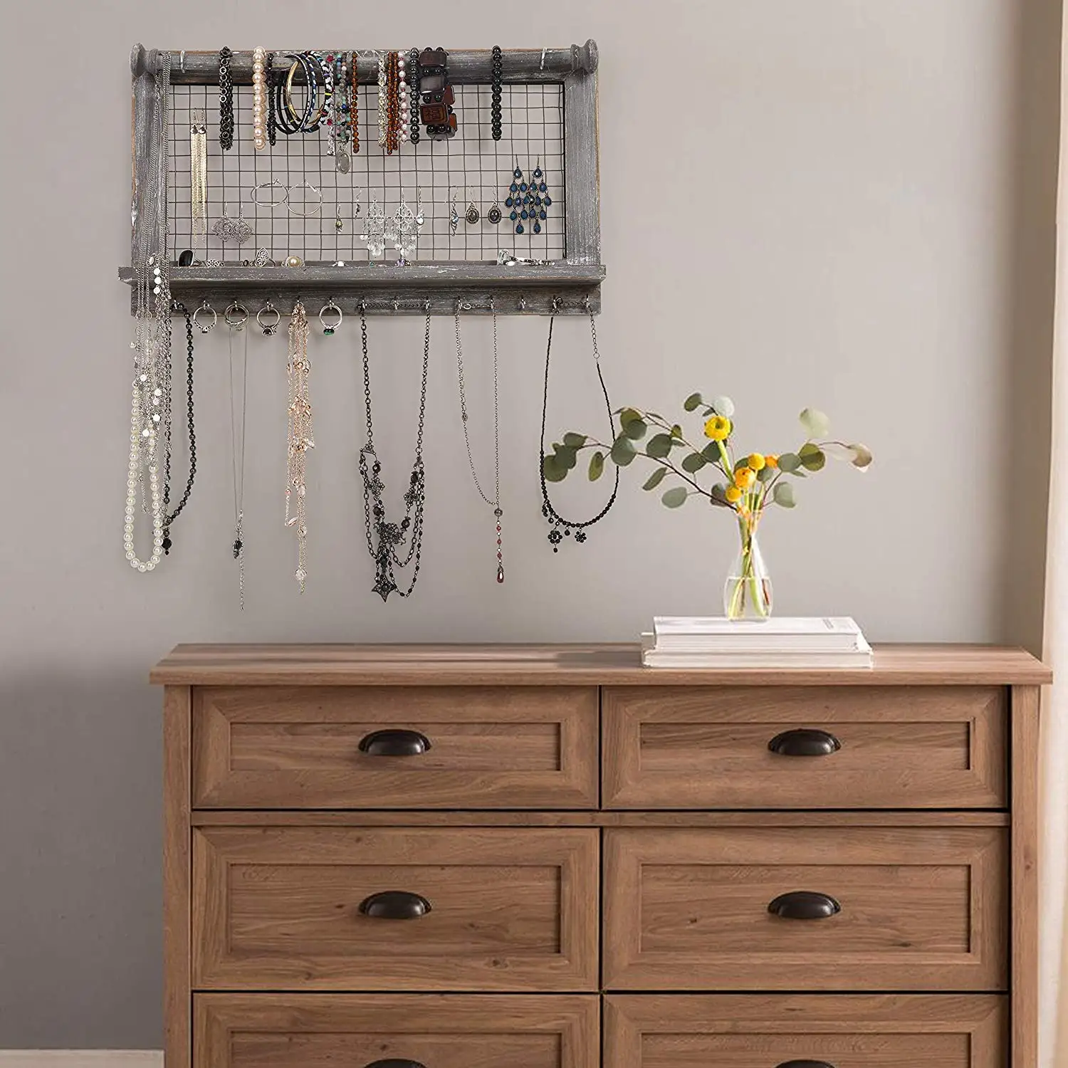 Rustic Jewelry Organizer With Bracelet Rod Wooden Wall Mount Holder For Earrings Necklaces Bracelets