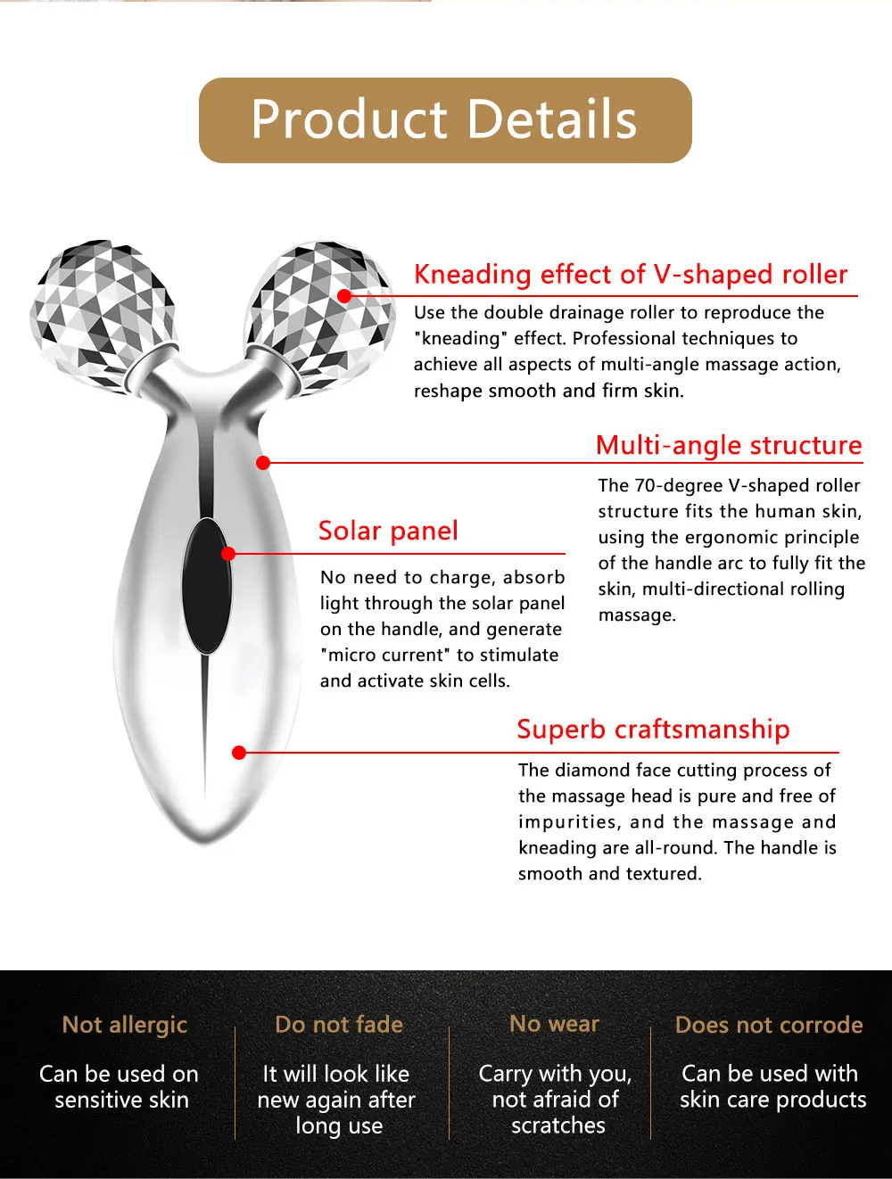 Reduce Wrinkles Y Shape Metal Handled V Face Lifting 3d Face Massage Roller