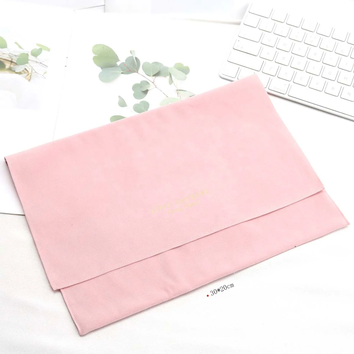 High End Pink Faux Suede Envelope Clothes Shoe Dust Packaging Pouch With Flap Custom Logo Printed Velvet Dust Bag