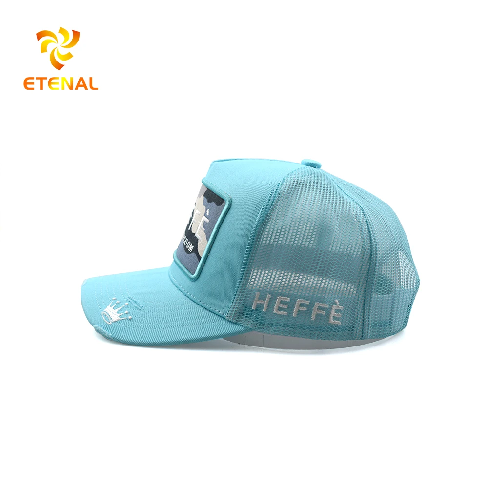 wholesale Custom High Quality Mens 5 Panel Cotton Embroidery Patch Logo Dubai Foam Mesh Distressed Trucker Caps Hat
