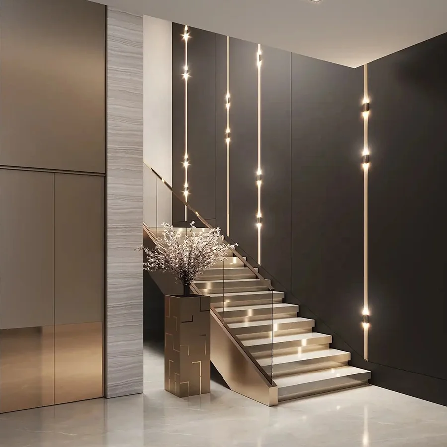 Steel Structure Staircase With Ultra Clear Tempered Glass Railing Stainless Steel Handrail Marble Step Stair