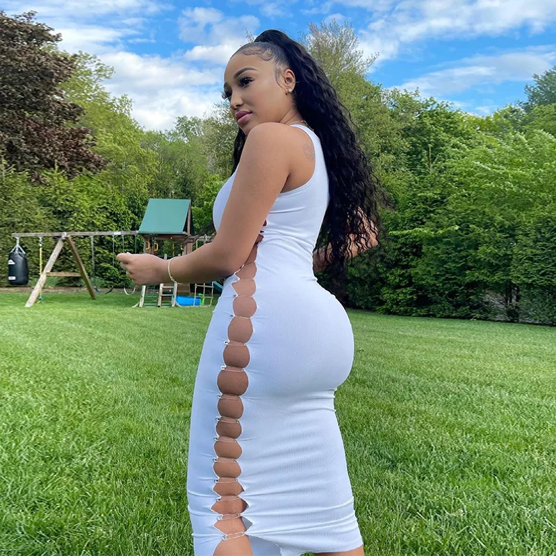 Side Pin V Neck Knitting Midi Dress 2021 Casual Prom Ladies Party Club Evening Apparel Women Summer Sleeveless Wholesale Clothes