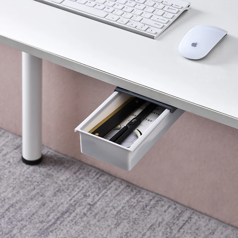 Office Hanging White Gray Space-Saving Item Organizer Self-Adhesive Under Desk Hidden Sliding Plastic Drawer
