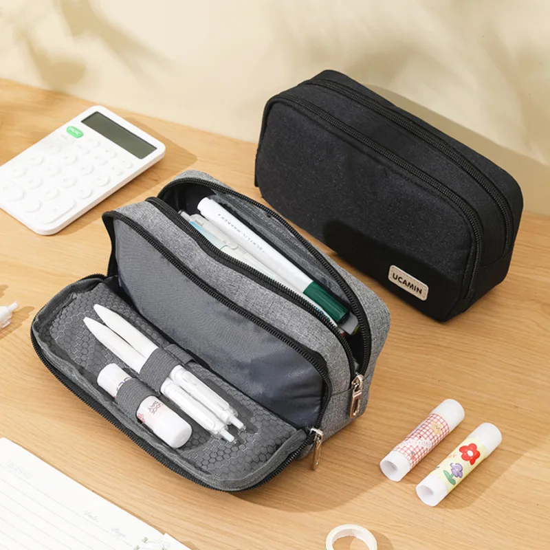 Simplistic Large Capacity Double Section Pencil Case  for Students Makeup Bag Japanese Stationery
