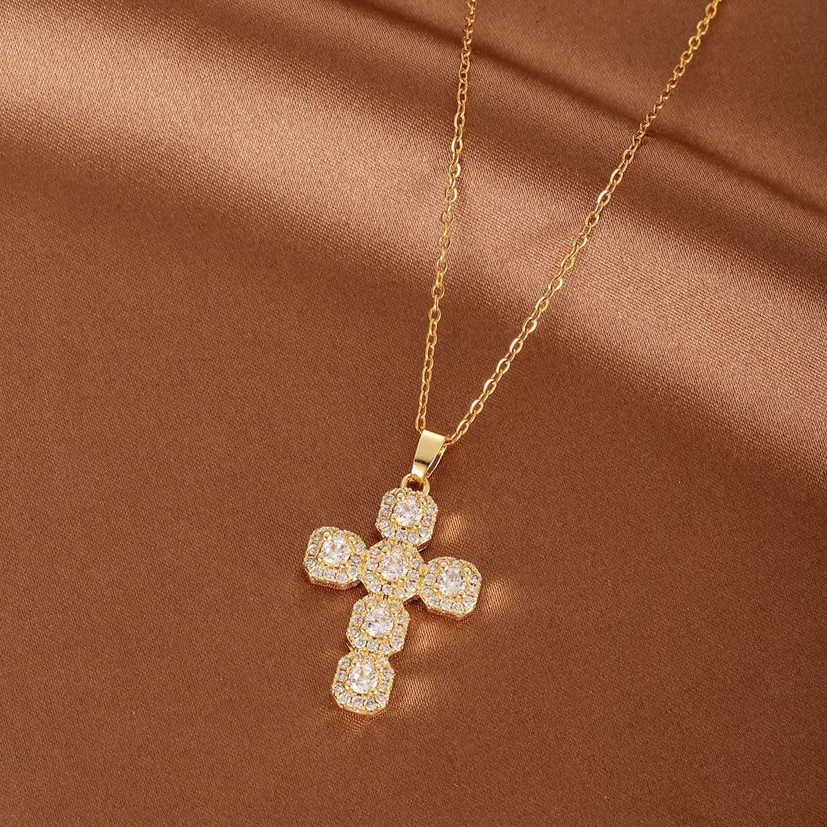 Classic Jewelry Gold Plated Stainless Steel Link Chain Cross Necklace Cubic Zirconia CZ Square Cross Pendant Necklace