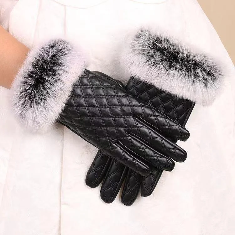 Hot Sell Winter Warm Gloves PU Leather Faux Fur Cuff Gloves Touch Screen Gloves for Women
