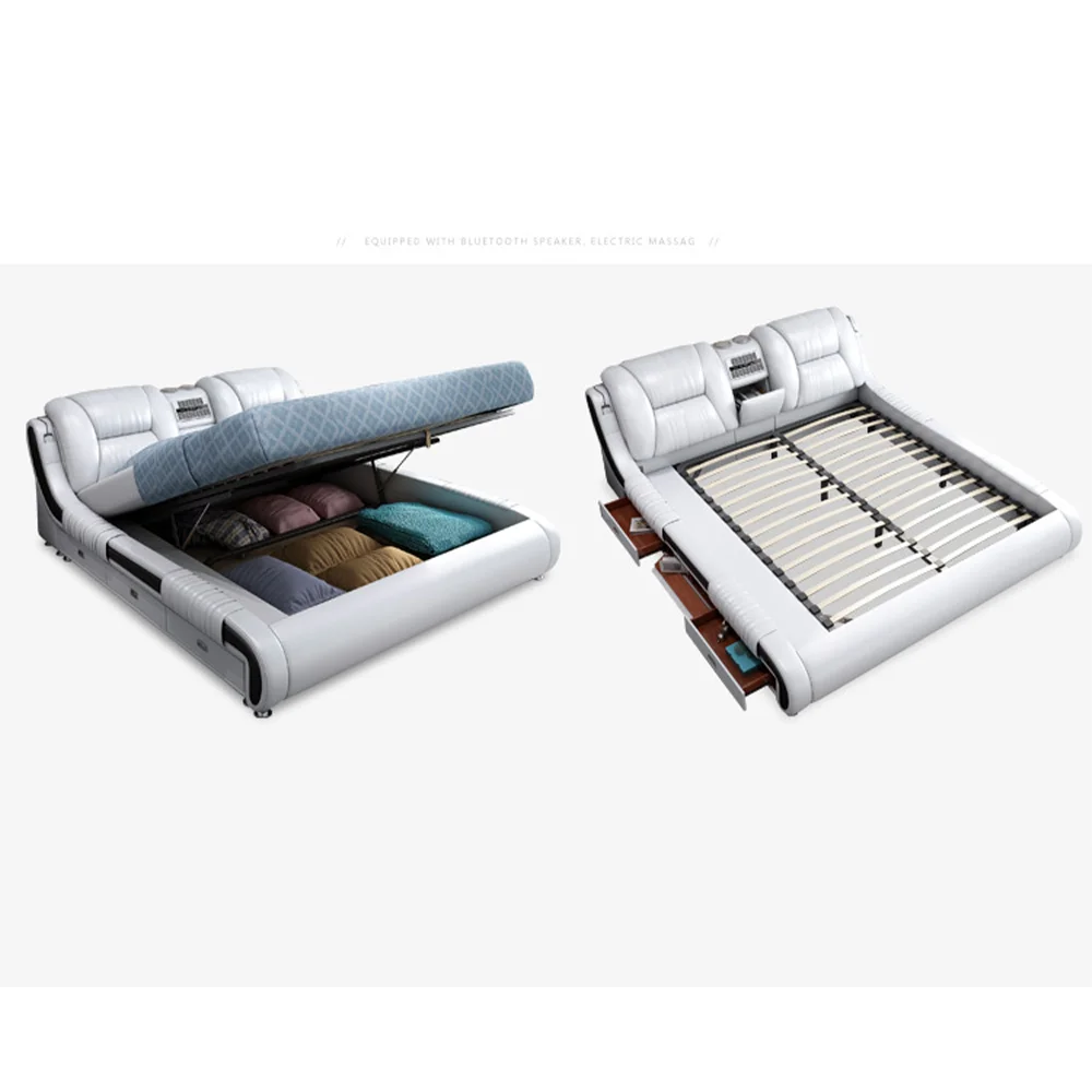 Современная домашняя кожаная роскошная мебель для спальни многофункциональная Массажная кровать татами умная аудио двуспальная