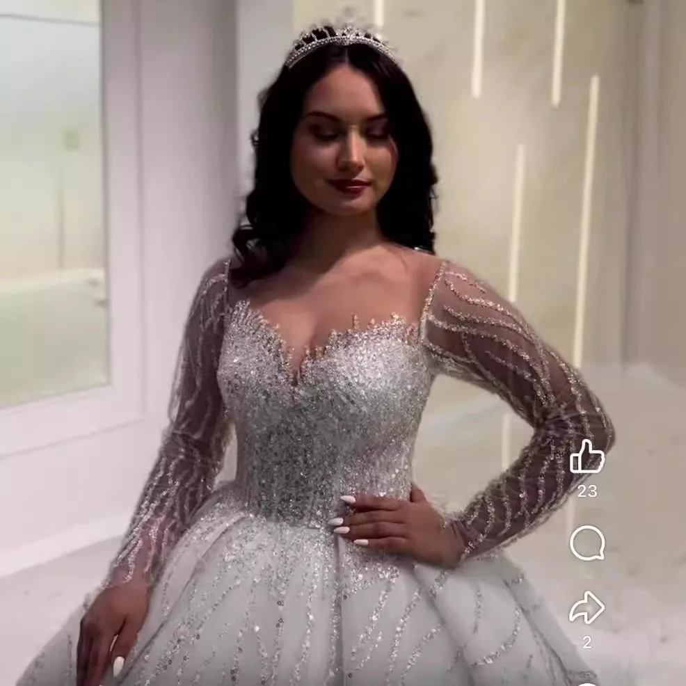 AL1828 2022 Elegant Long Sleeves Round neck Pearls Beaded Lace Wedding Dresses Ball Gown Plus Size High End Arab Wedding Dress