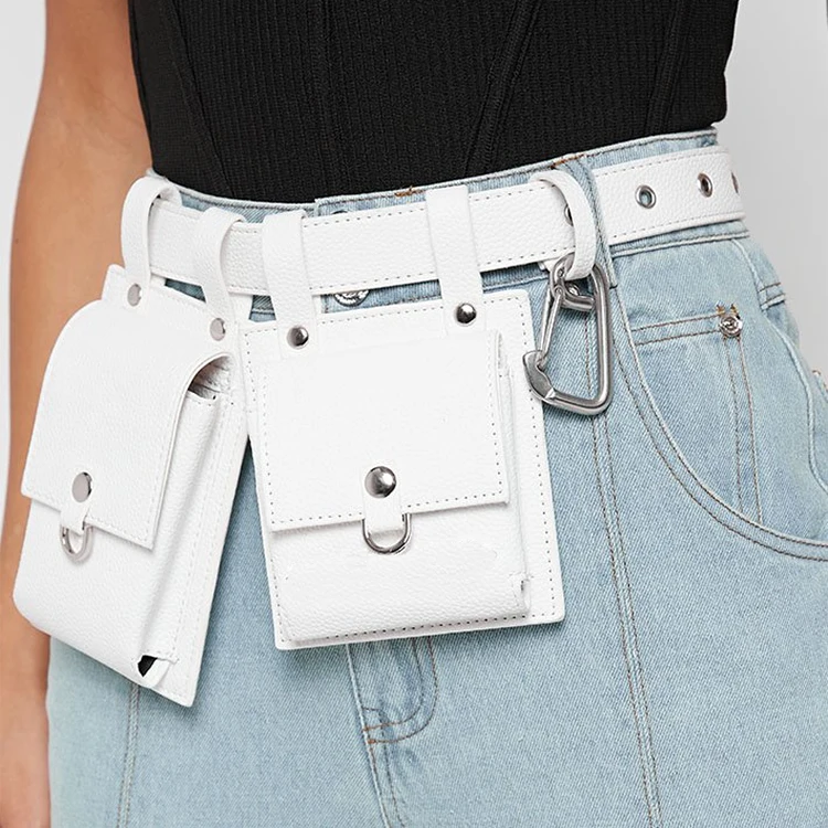 Multiple Pouch Belt Bag in White Vegan Leather Fanny Pack Waist Bag for Ladies