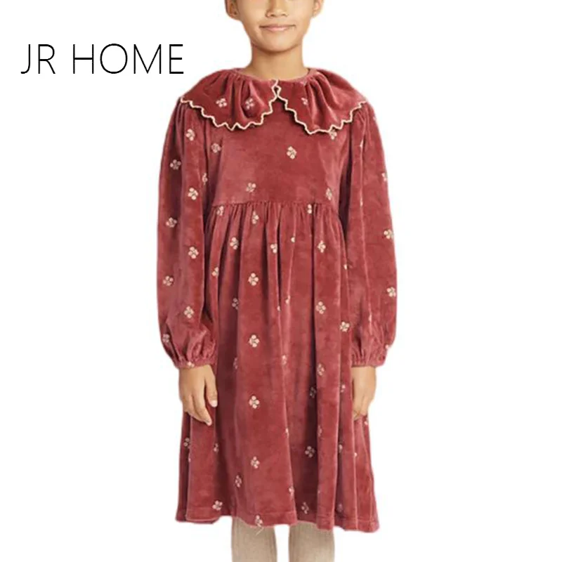 2024 Autumn Luxury Girls Turn Dowm Neck Cotton Velvet Dress Long Sleeve Causal Dress For Girl