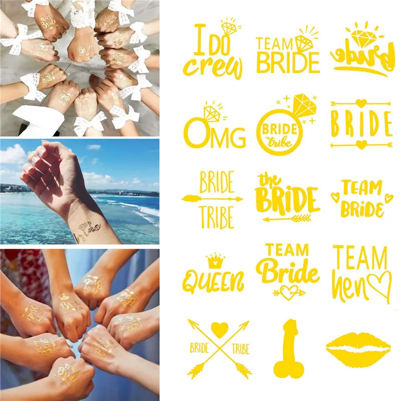 10PCS Gold Bridal Team Wedding Temporary Tattoo Bachelor Bride Party Sticker Decoration Marriage Bridal To Be Party Favors