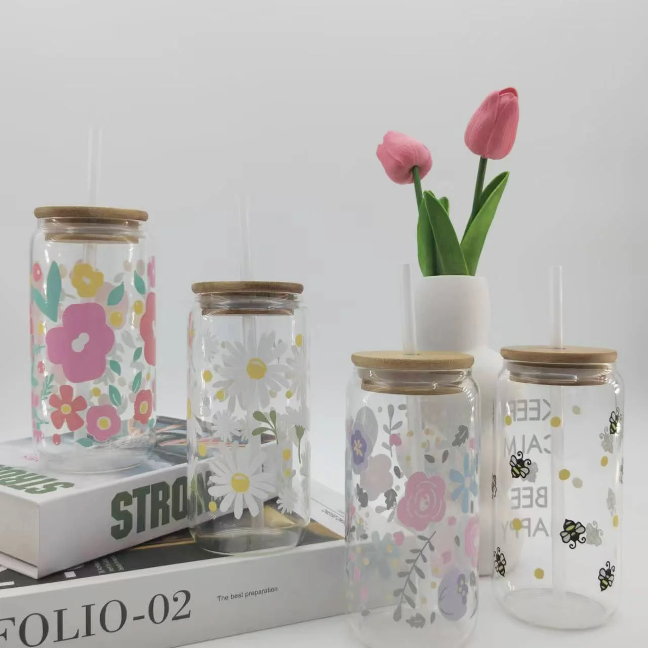 500ml different flower pattern Transparent Cola Glass Cup With Straw And Lid