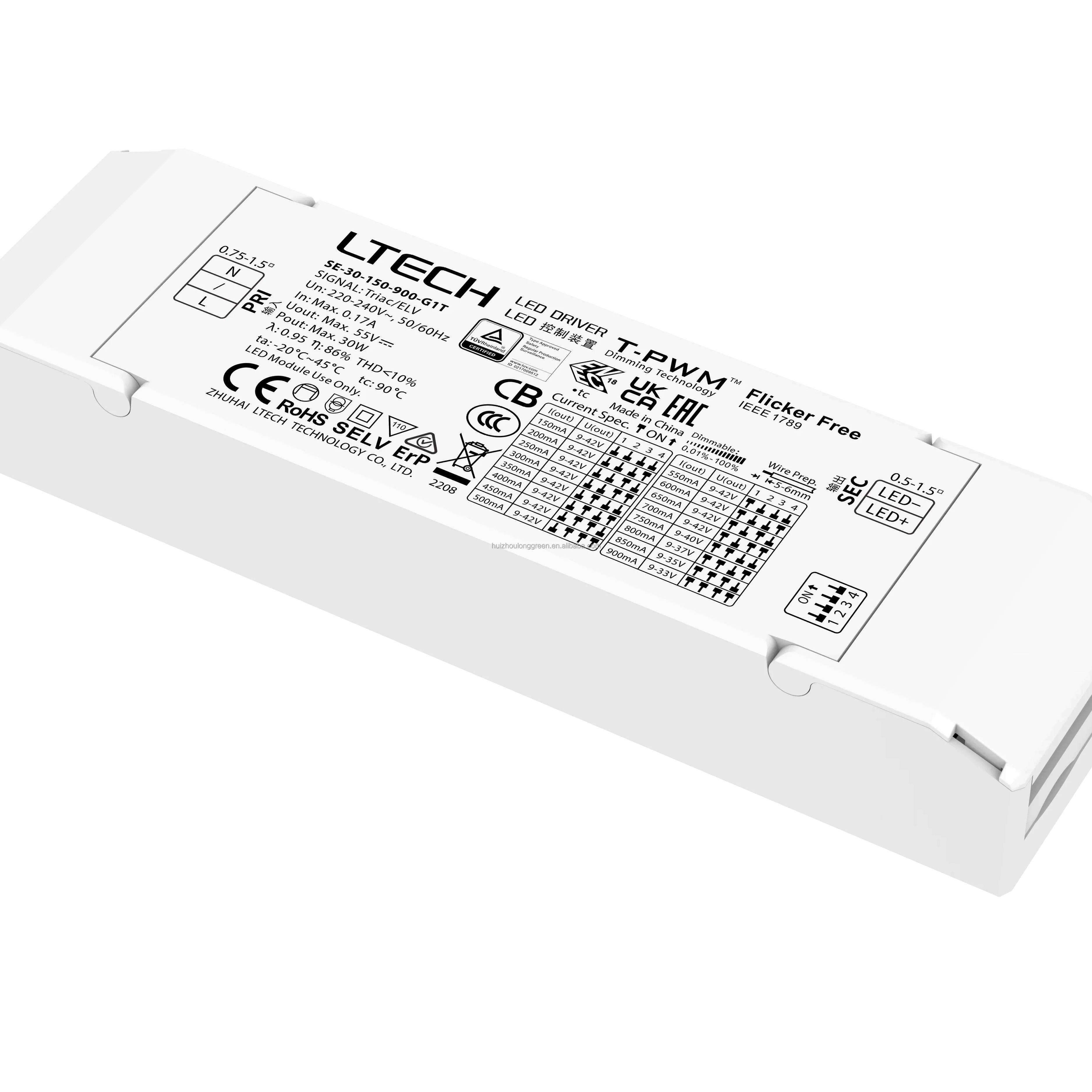 SE-30-150-900-G1T Ltech Triac ELV  30W 150-900mA CC Triac LED Driver phase cut 9-42V Flicker Free Dimmable LED Driver