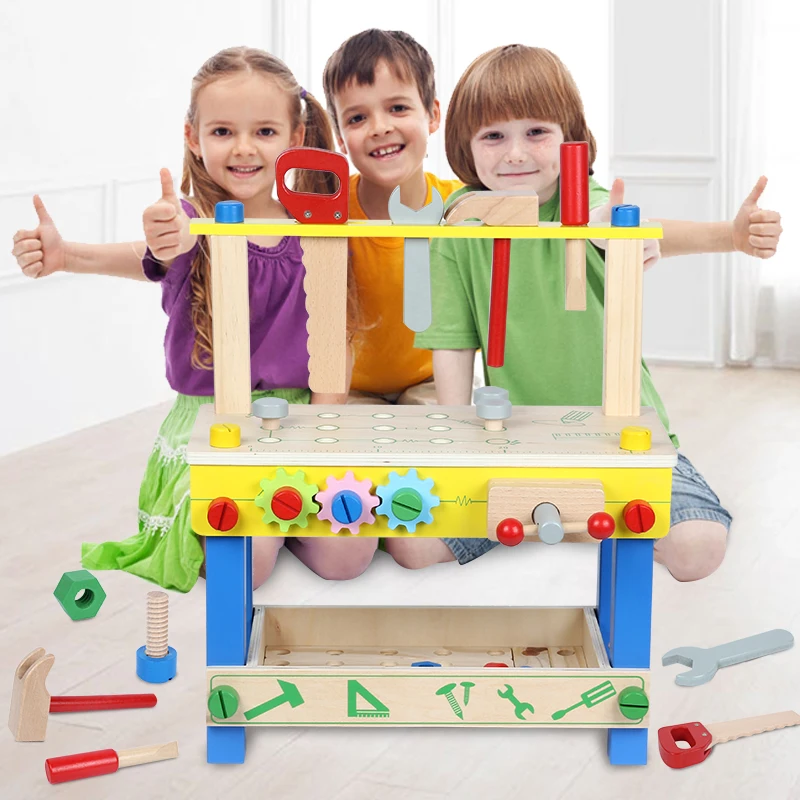 
2020 new trending wooden assembling wooden tool box toy workbench Wholesale role play tool shelf and table toys 