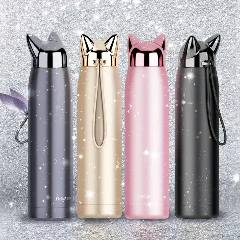 3 Colors Double Wall Vacuum Flask Cute Car Ear Stainless Steel Water Bottle With Rope