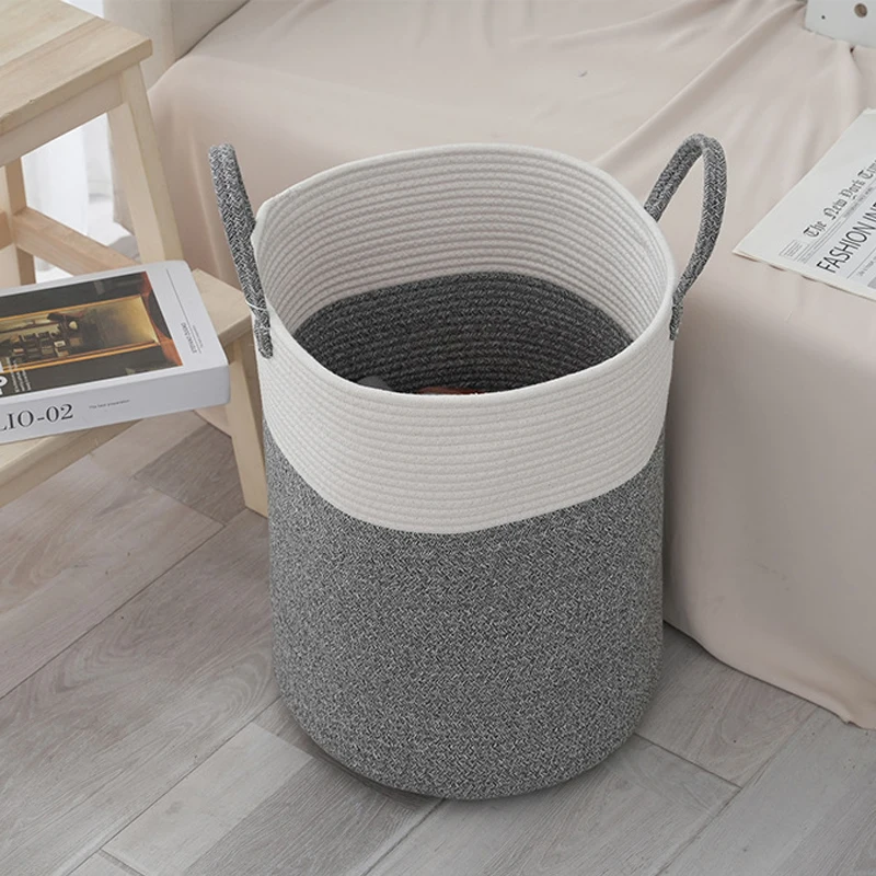 Hot sell custom durable round home organizer strong cotton rope basket hamper with handle