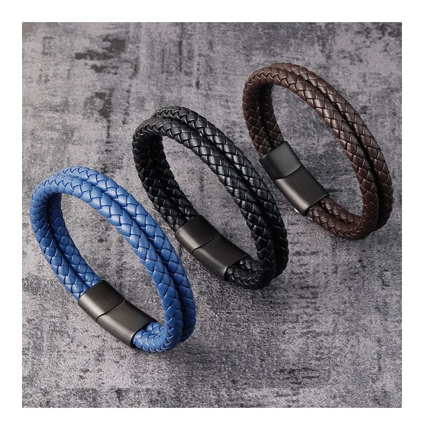 Punk Black Blue Brown Wax Cord Braided Genuine Leather Bracelets Men Cool Stainless Steel Bracelets Hand Luxury Jewelry OT-099