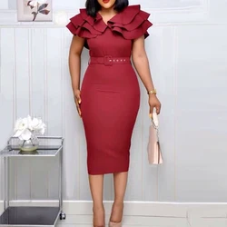 Модные женские платья, лето 2022, однотонное женское платье с V-образным вырезом, Короткое облегающее платье миди с оборками на рукавах и поясом, новинка, платья, платье