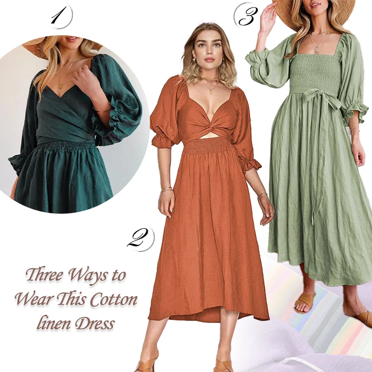 Multi-Wear Rope Belt Smocked Ruffle Balloon Sleeve Boho Dress Bohemian Cotton Linen Blend Midi Dress