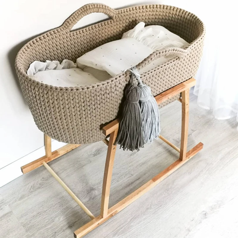 Nuohui Foldable crochet baby changing basket Handle for Newborn Nursery Moses Baskets Diaper Changing With Mattress