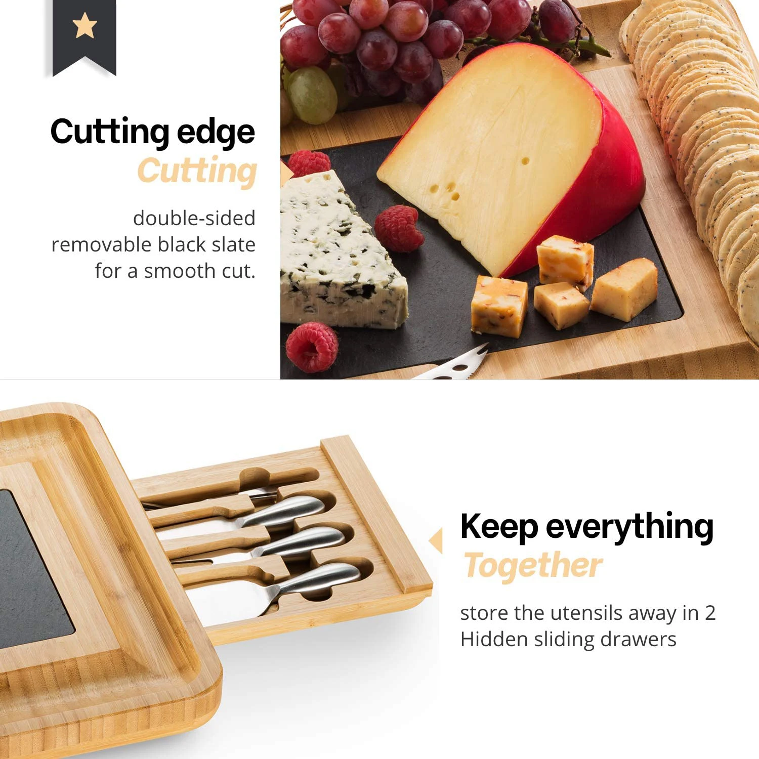 Bamboo Wood Charcuterie Cheese Board Set Serving Tray With 12 Cheese Utensils