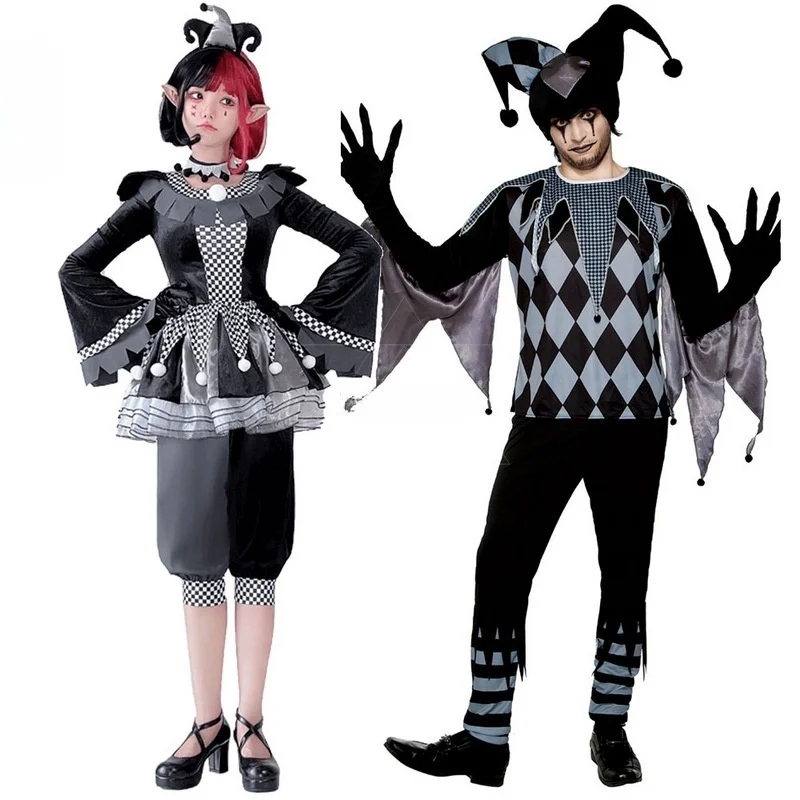 Halloween adult male and female couples costume clown suit cosplay black and white broken soul clown performance costume.