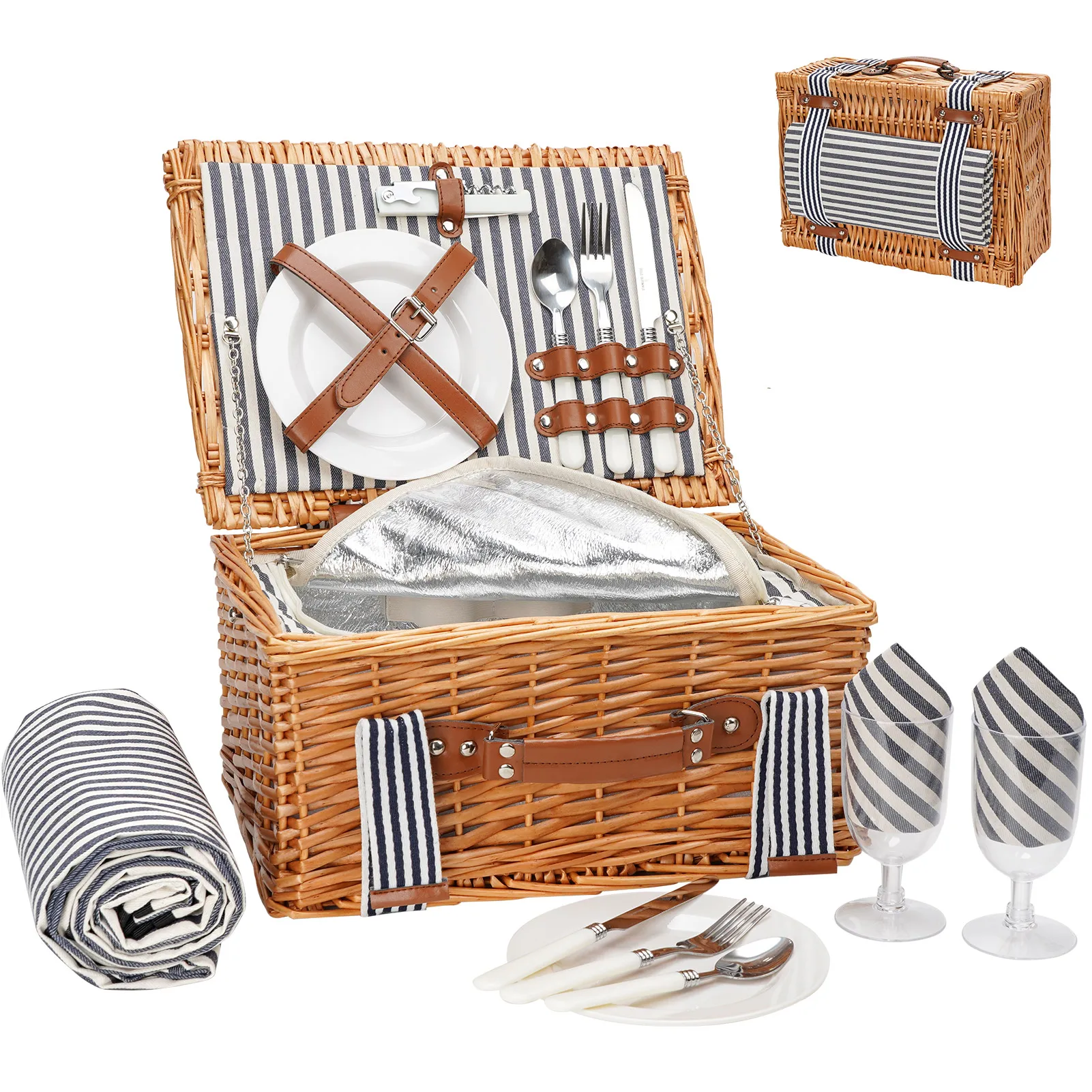 Picnic Basket for 2 Persons,Handmade Wicker Picnic Baskets Set