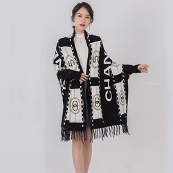 Ethnic Style Shawl Women Autumn And Winter Thick Warm  Black Scarf Cloak Poncho Winter