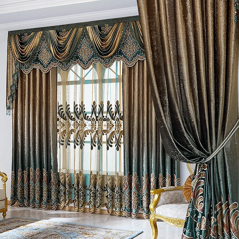 Custom ready made chenille window curtains and bedsheets with matching curtains for the living room embroidery
