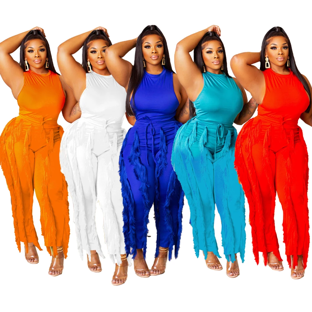 Pant Set Professional Design Hot Sale Solid Color Fringe Sleeveless Two Piece Summer Terry Printed Knitted 1 Set Skinny O-neck