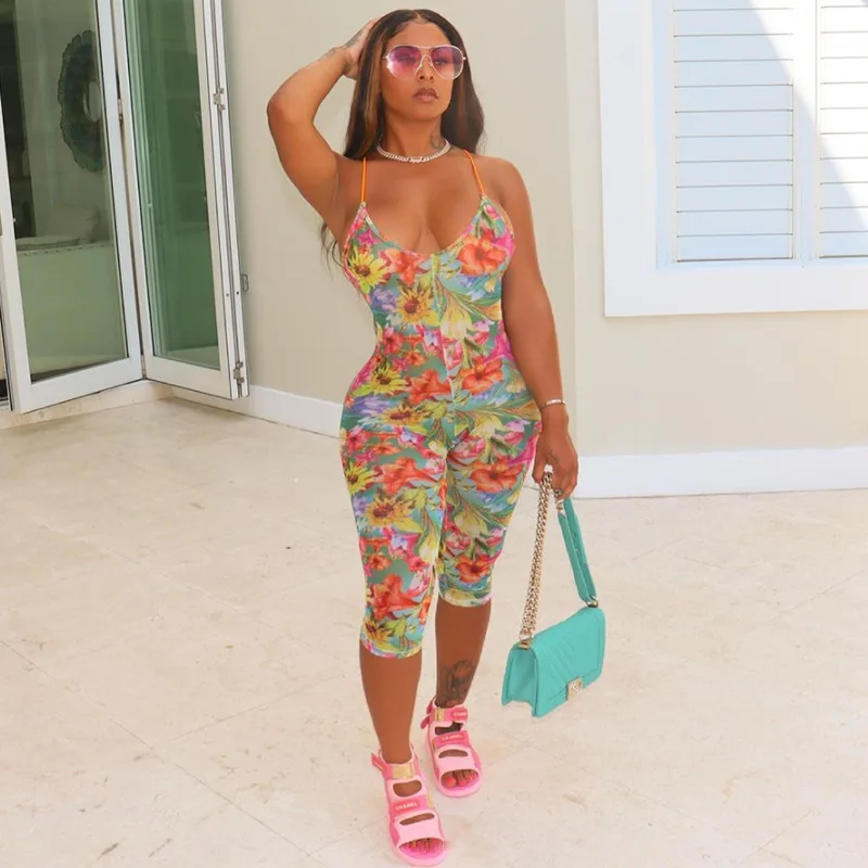 W-C929A 2021 Spring Women Cute One Piece Floral Printed Romper Sexy Low Cut Stretchy Sport Workout Fitness Mesh Bodycon Jumpsuit