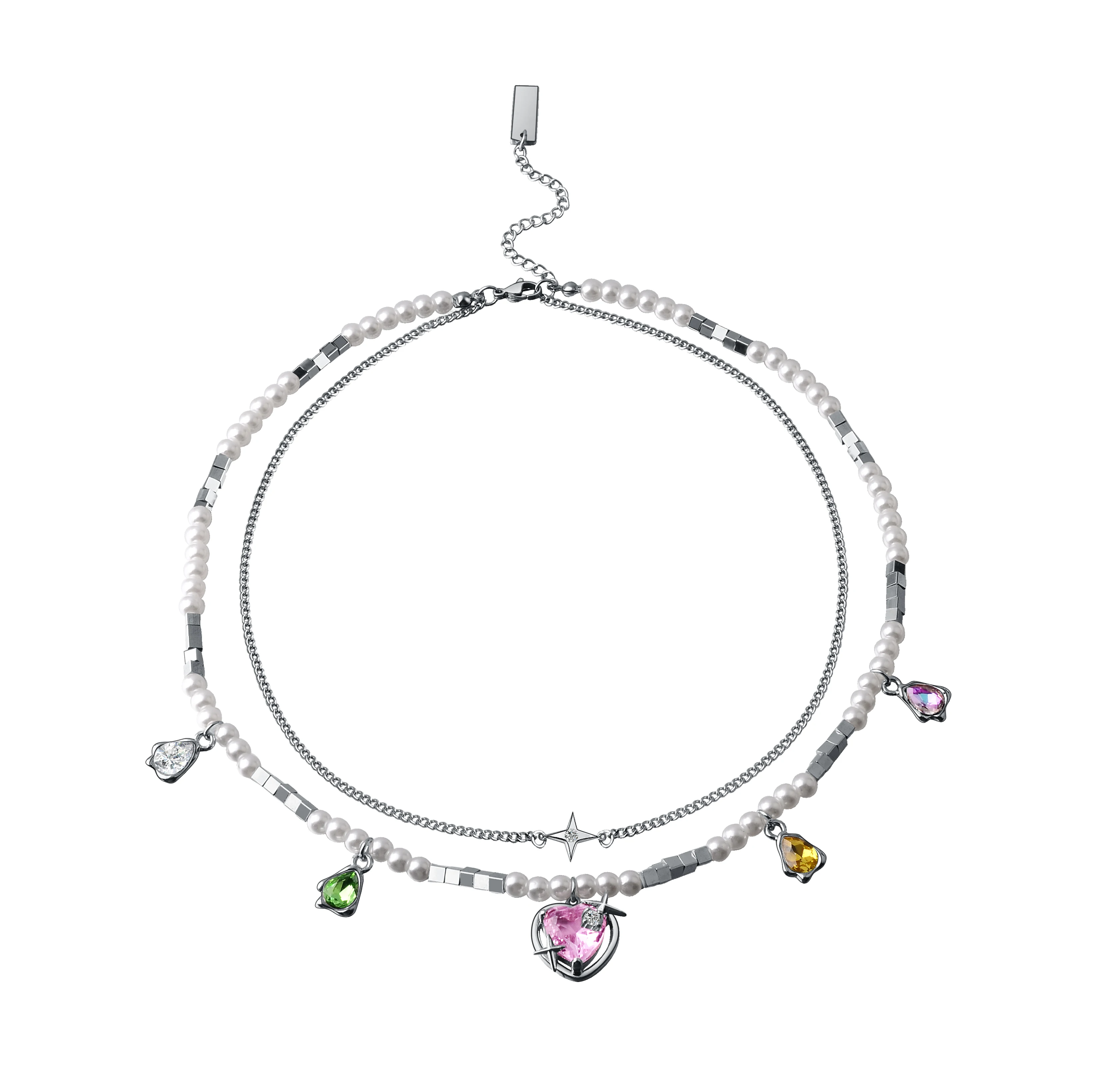 Ins Personalized Novelty Pearl double chain Colored stone heart-shaped Pendant Necklace Hip hop jewelry