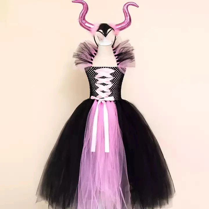 Costume Maleficent Horns Kids Halloween Fancy Christening Black Glam Gown Tutu Dresses Demon Queen Witch dress for baby girl