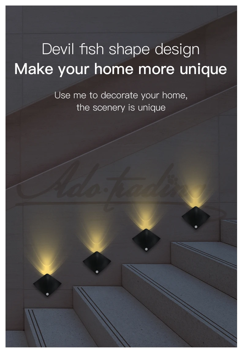 Modern Devil Fish Shape RGB Smart Home LED Night Lamp Wireless Wall Light Motion Sensor Battery Operated Bedroom Warehouse