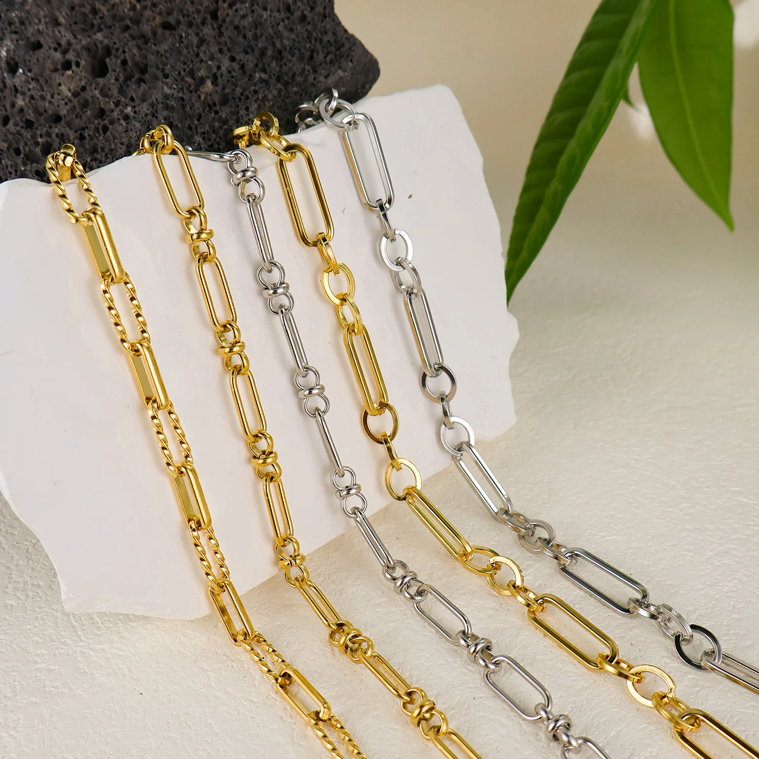 Olivia Waterproof 18K Handmade DIY Making Oval Rectangular link Chain Stainless Steel Gold Plated Chain Necklace