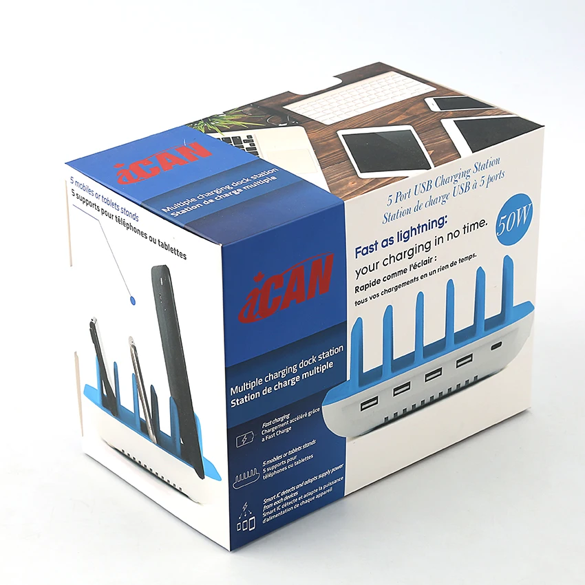 
50W 5-Port USB Charging Station Organizer for Multiple Devices, Fast Charging Station with ETL FCC CE Certification 