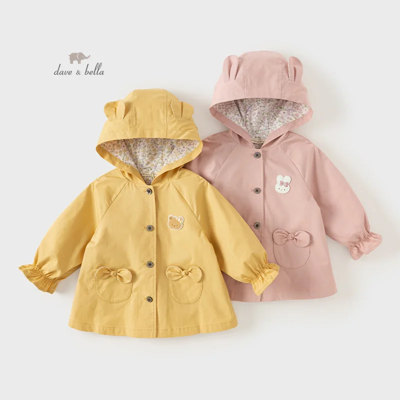 DB3242334 DAVE BELLA Children Girls Trench Coat 2024 Autumn Wear New Girl Baby Sweet Cotton Hooded Coat