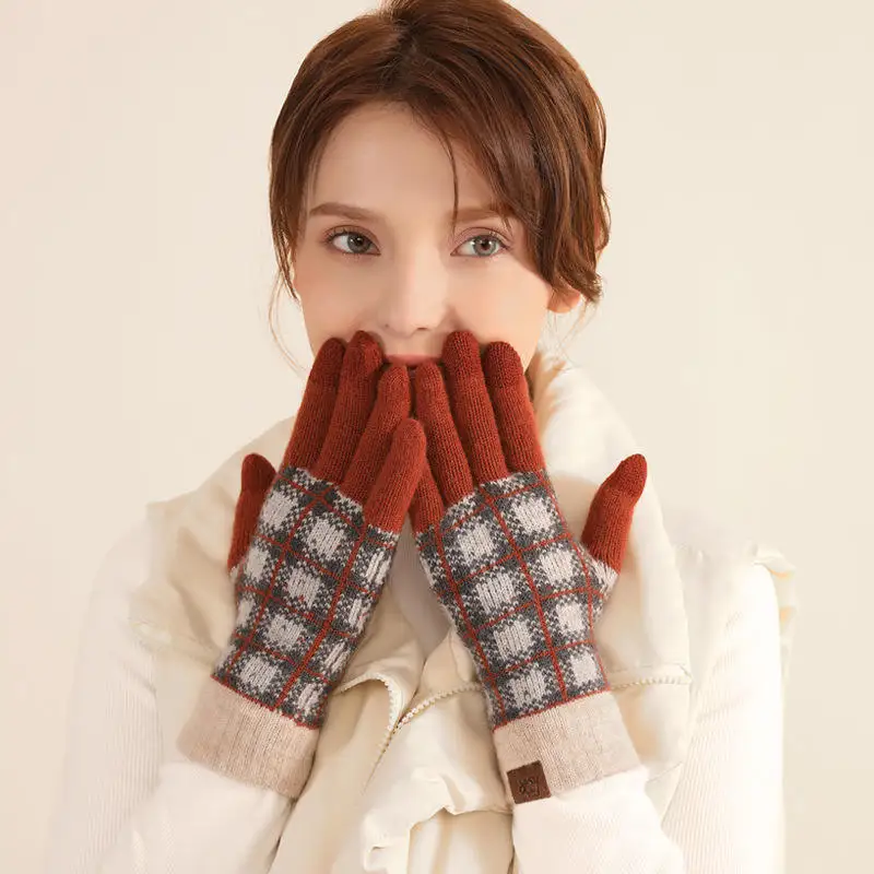Cheap Winter Neutral Plaid Touch Screen Gloves Thickened Keep Warm Acrylic Knit Gloves