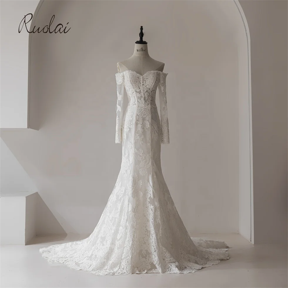 Ruolai QW01863 Sweep Train Lace Up Back Sweetheart Neckline Off Shoulder Long Sleeves Mermaid Wedding Dresses For Bride