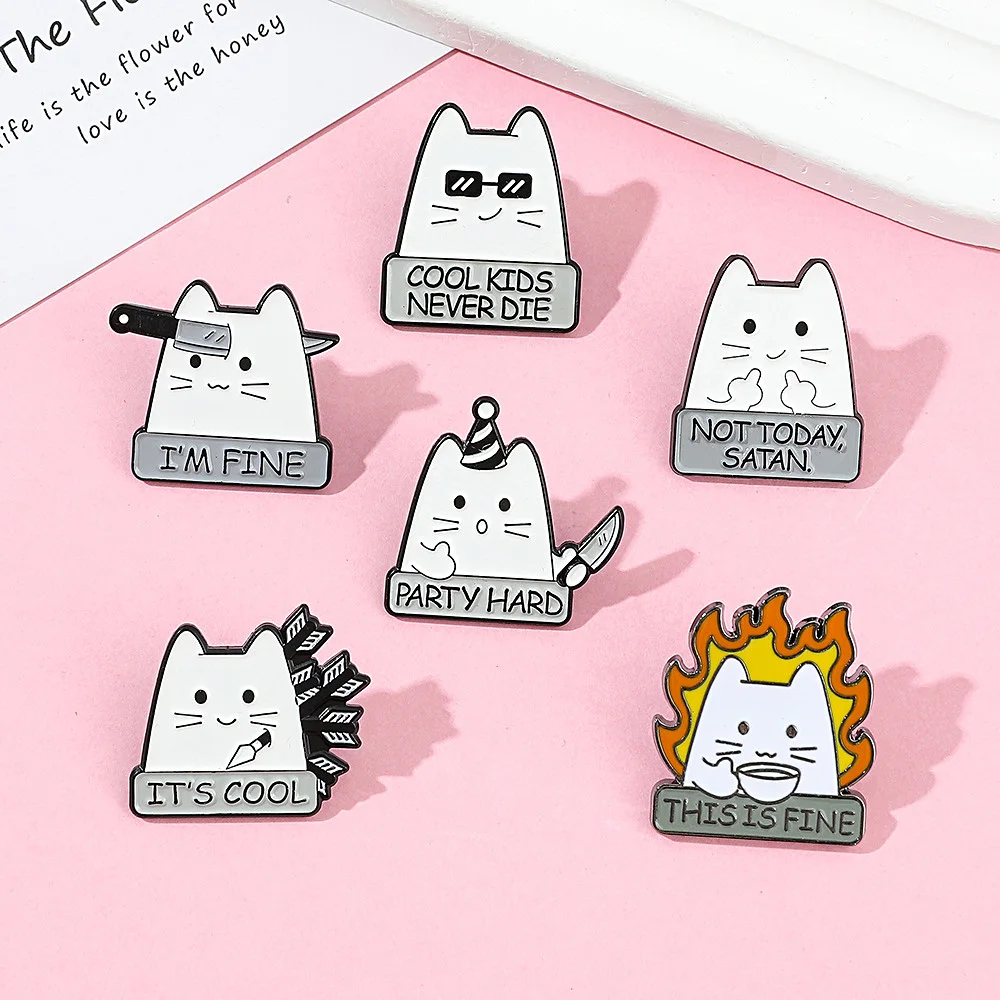 Wholesale Cartoon Quirky White Cat Metal Badge Cute Lapel Pin Personality Alloy Paint Brooch